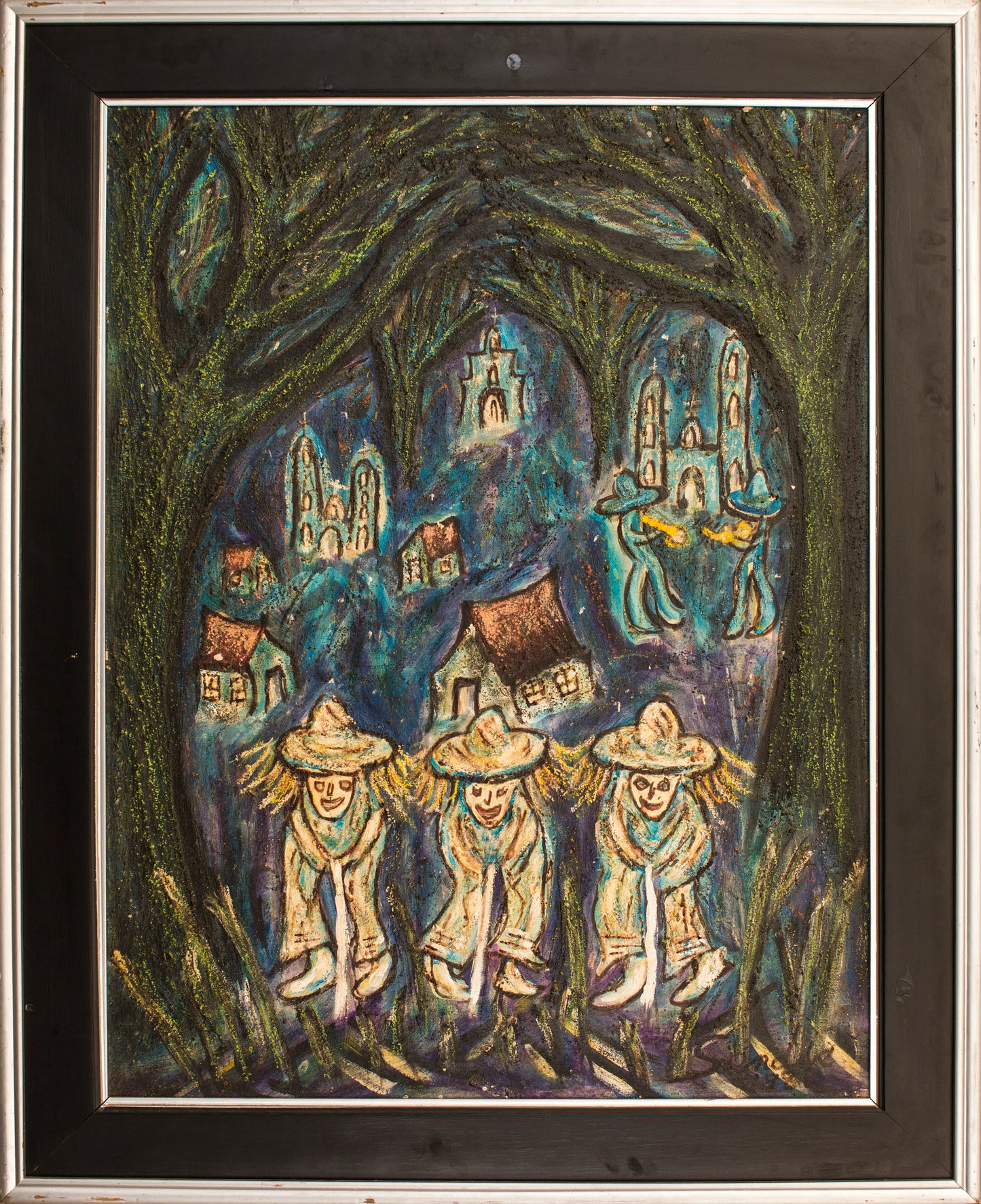 Lote 32 - Gustavo Sendis - Serenata en el pórtico / Mixta sobre masonite - 80 x 60 cm