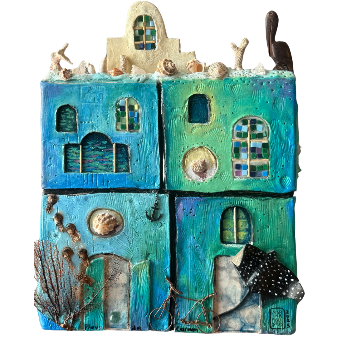 LOTE 103 / Marina Pallares - Playa del carmen / Pasta Francesa y óleo sobre mosaico vintage histórico - 26 x 26 cm