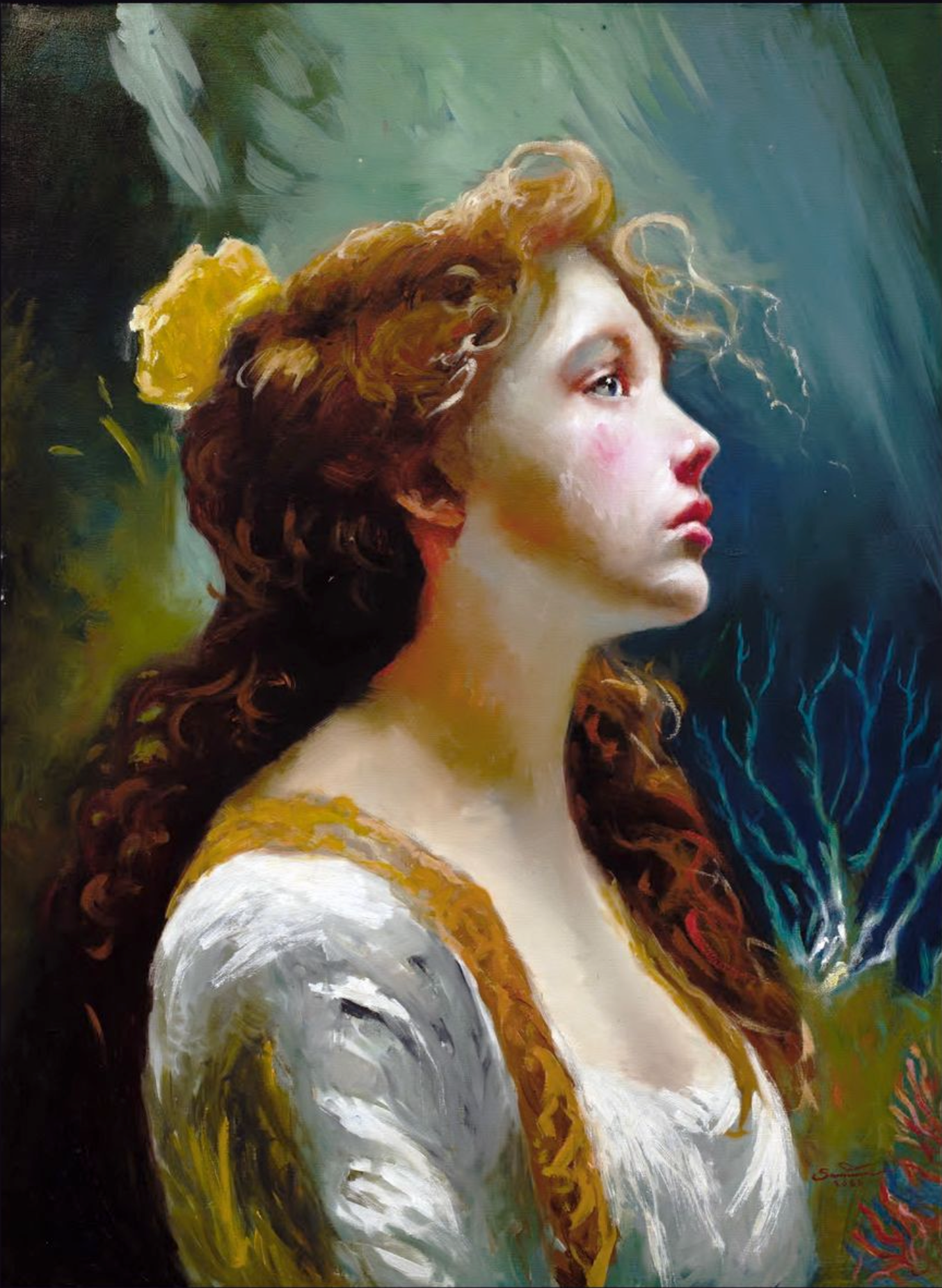 Lote 02: Salvador Santana - Mujer reflexiva / Óleo sobre tela - 110 x 80 cm