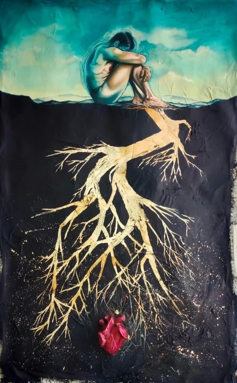 Lote AD9 / Diego Josue Gontorr - Todo lo que no me deja olvidarte / Acrílico, hojas de un libro olvidado y tela sobre madera - 150 x100 cm