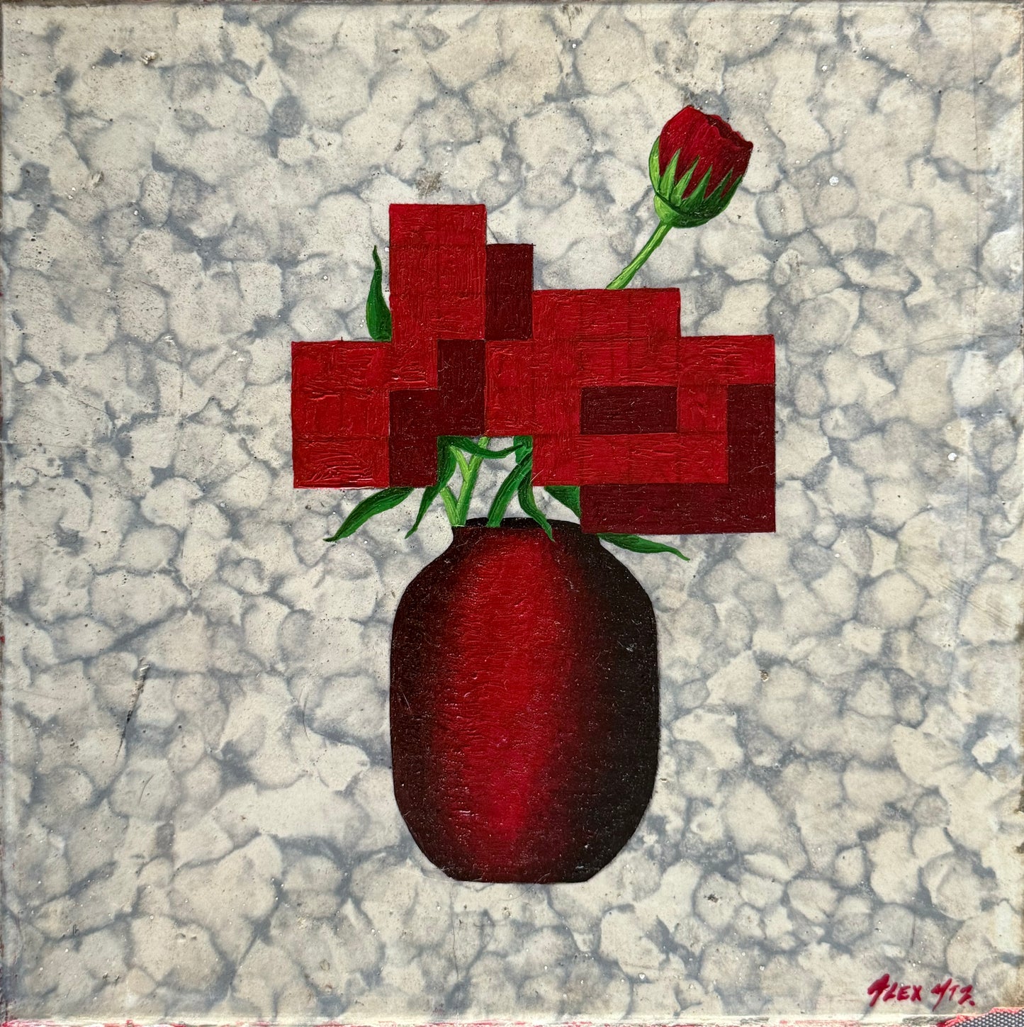 LOTE 018 / Alejandro Martinez - Flores de jardín III / Óleo sobre mosaico vintage histórico - 26 x 26 cm