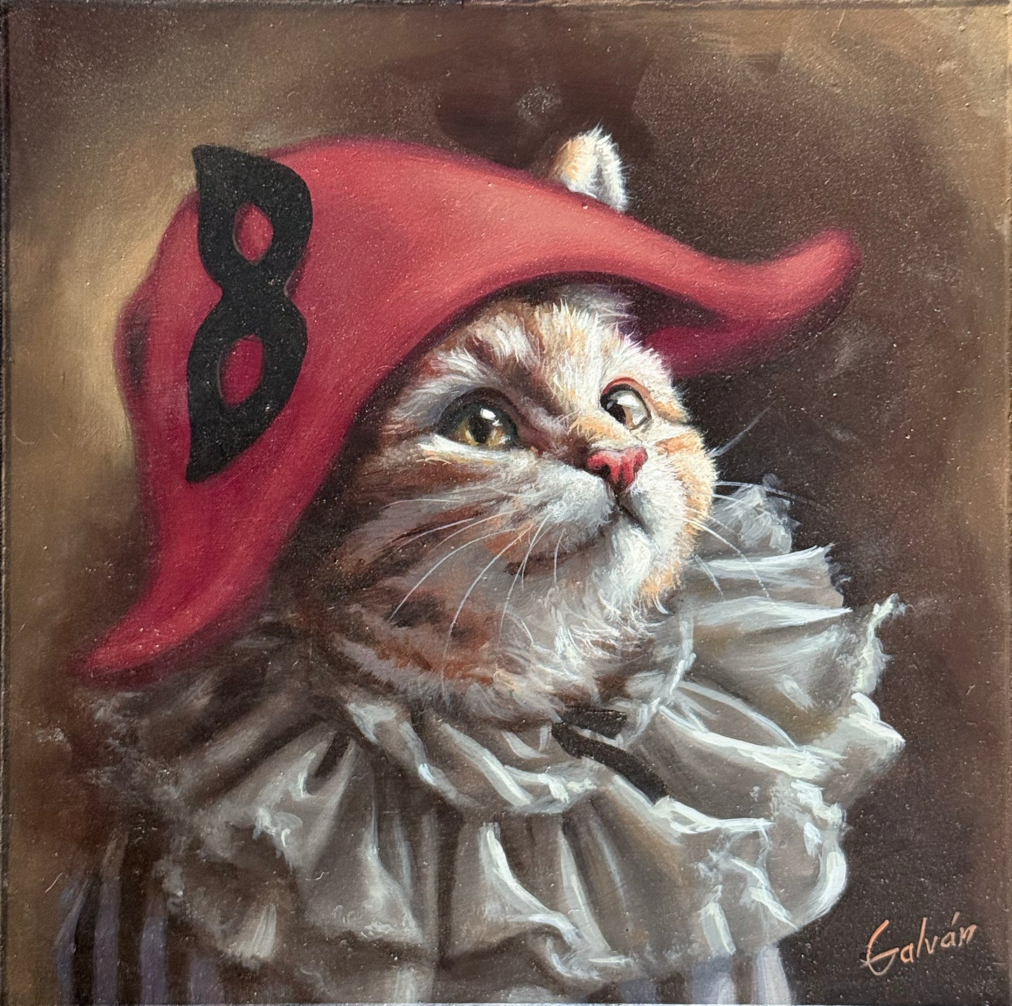 Jose Luis Lopez Galvan - Gato con sombrero rojo / Óleo sobre mosaico vintage historico - 26 x 26 cm