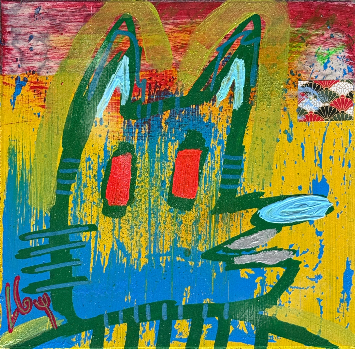 Luis Guillermo Gonzales - Canis mascara / Pintura base agua y vinil, sello acrílico - 26 x 26 cm