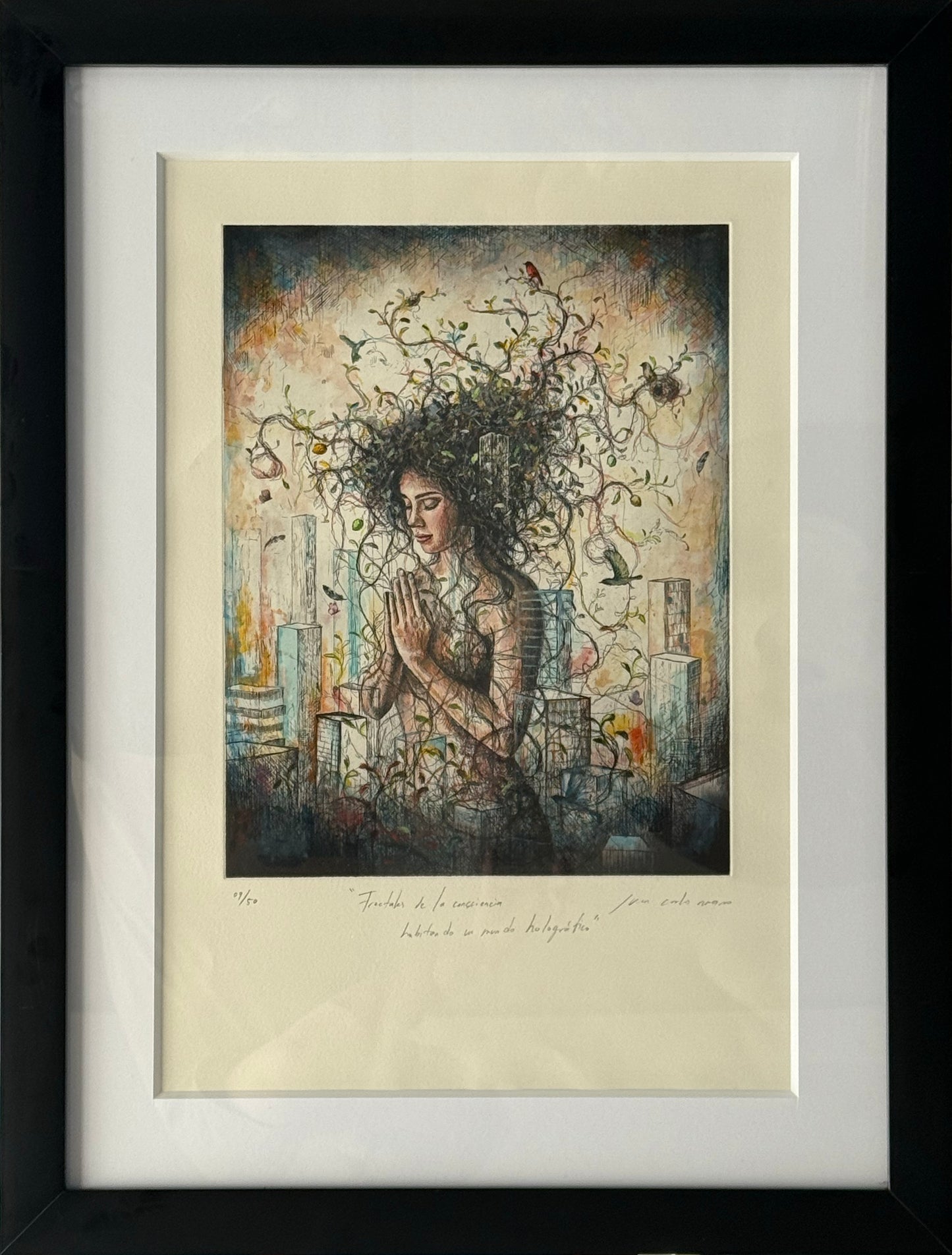 Lote 09 - Juan Carlos Navarro - Fractales de la consciencia habitando un mundo holográfico / Grabado Aguafuerte intervenido con pintura - 60 x 40 cm