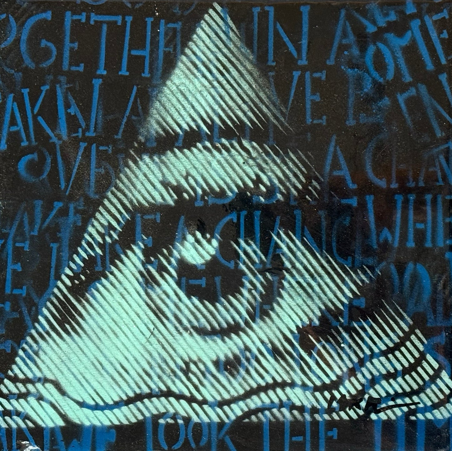 Iskar - La union de los tres caminos / Stencil, pintura en aersol y resina sobre mosaico vintage historico - 26 x 26 cm