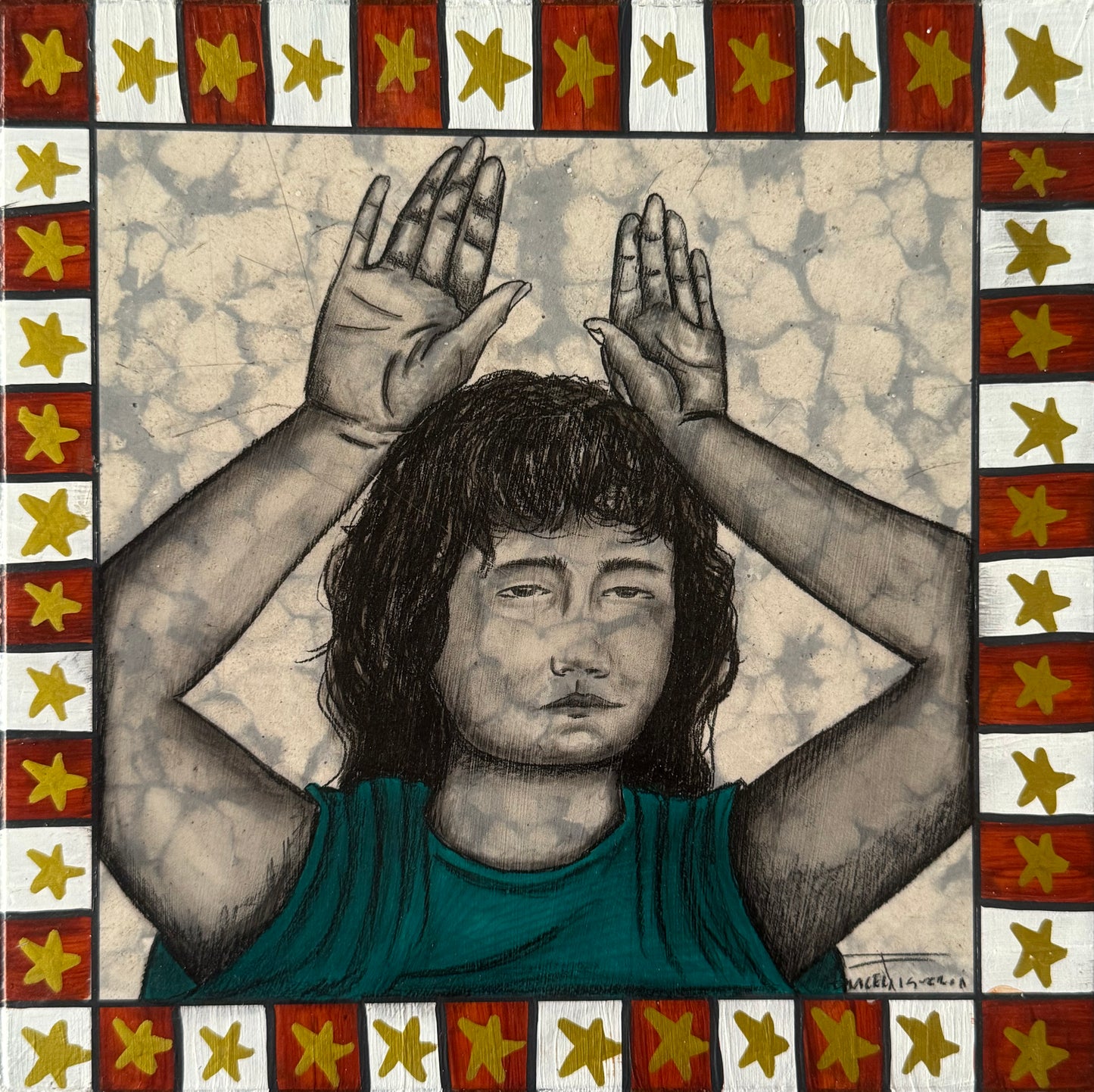 LOTE 019 / Araceli Figueroa - Soñe ser un conejo / Acrílico, carboncillo y lápiz graso sobre mosaico vintage histórico - 26 x 26 cm