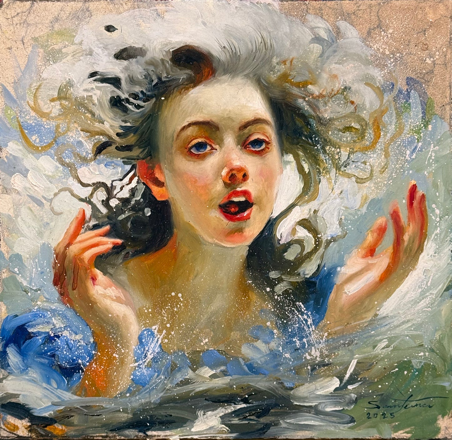 Salvador Santana - Espuma de mar / Óleo sobre mosaico vintage historico - 26 x 26 cm