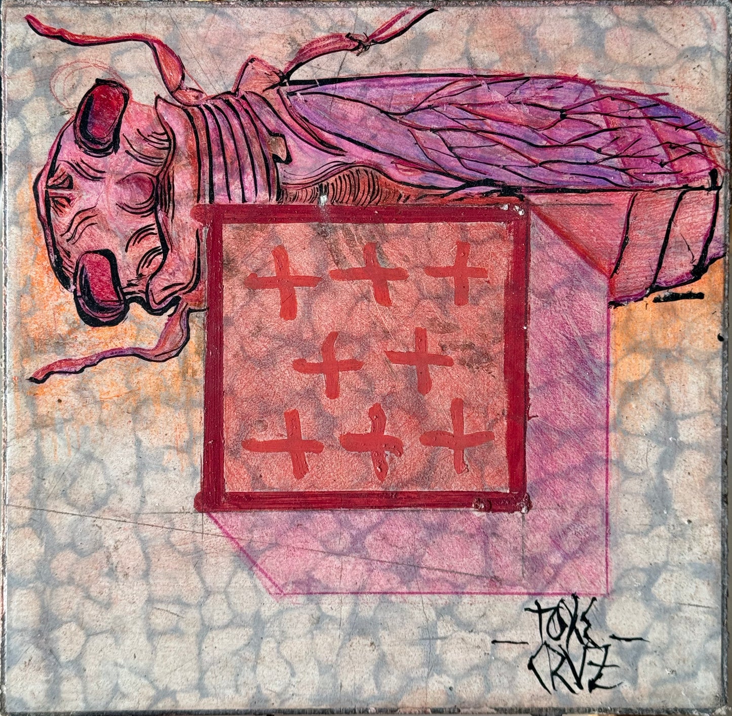 LOTE 063 / Toxe Cruz - Nave madre I / Mixta sobre mosaico vintage histórico - 26 x 26 cm