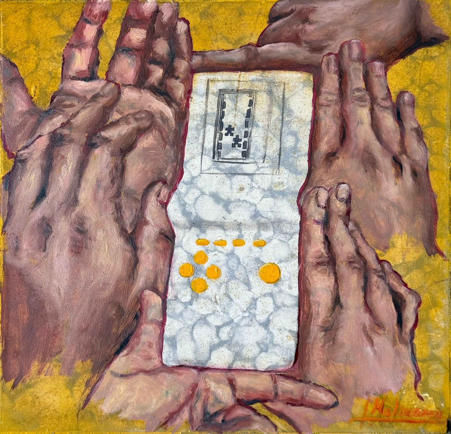 Xavier Molinares - Ecos del recuerdo cálido / Óleo sobre mosaico vintage historico - 26 x 26 cm