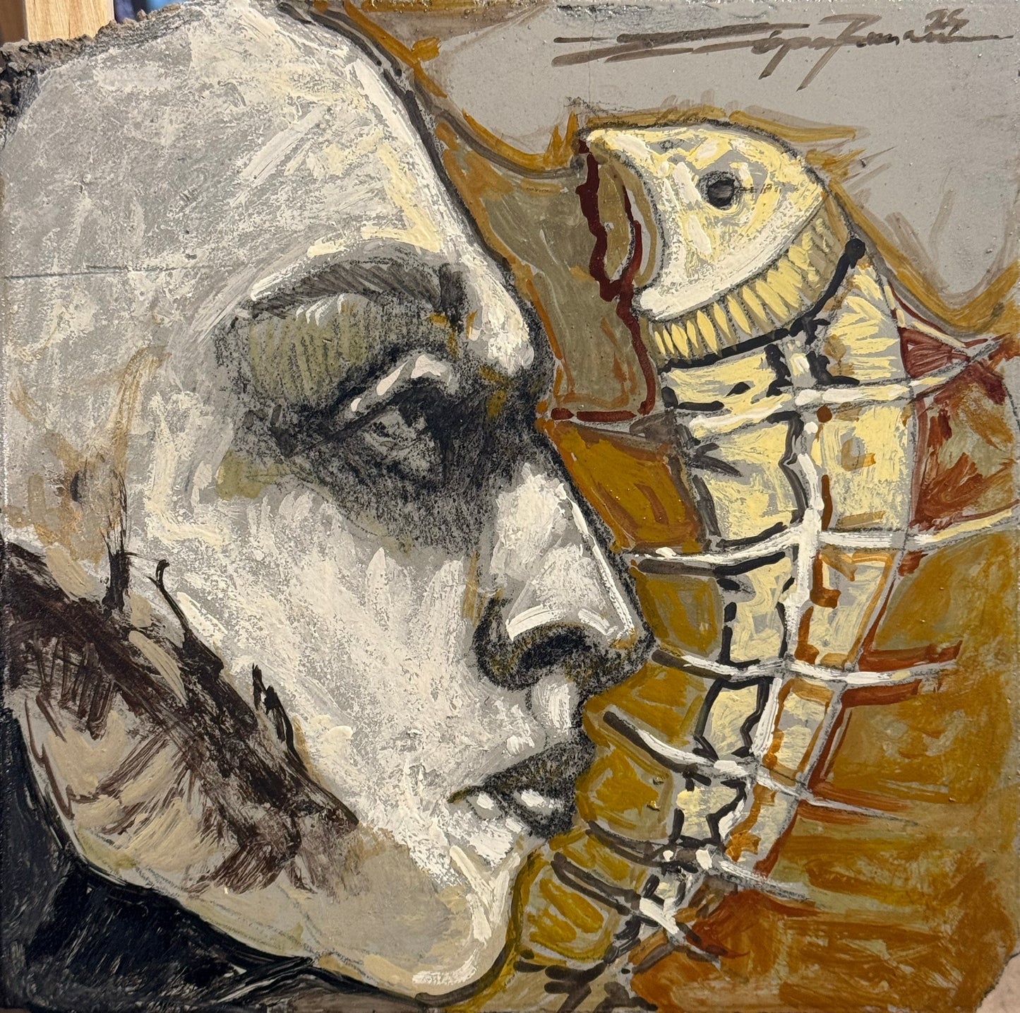 Roberto Lopez - Vestigios III / Mixta sobre mosaico vintage historico - 26 x 26 cm