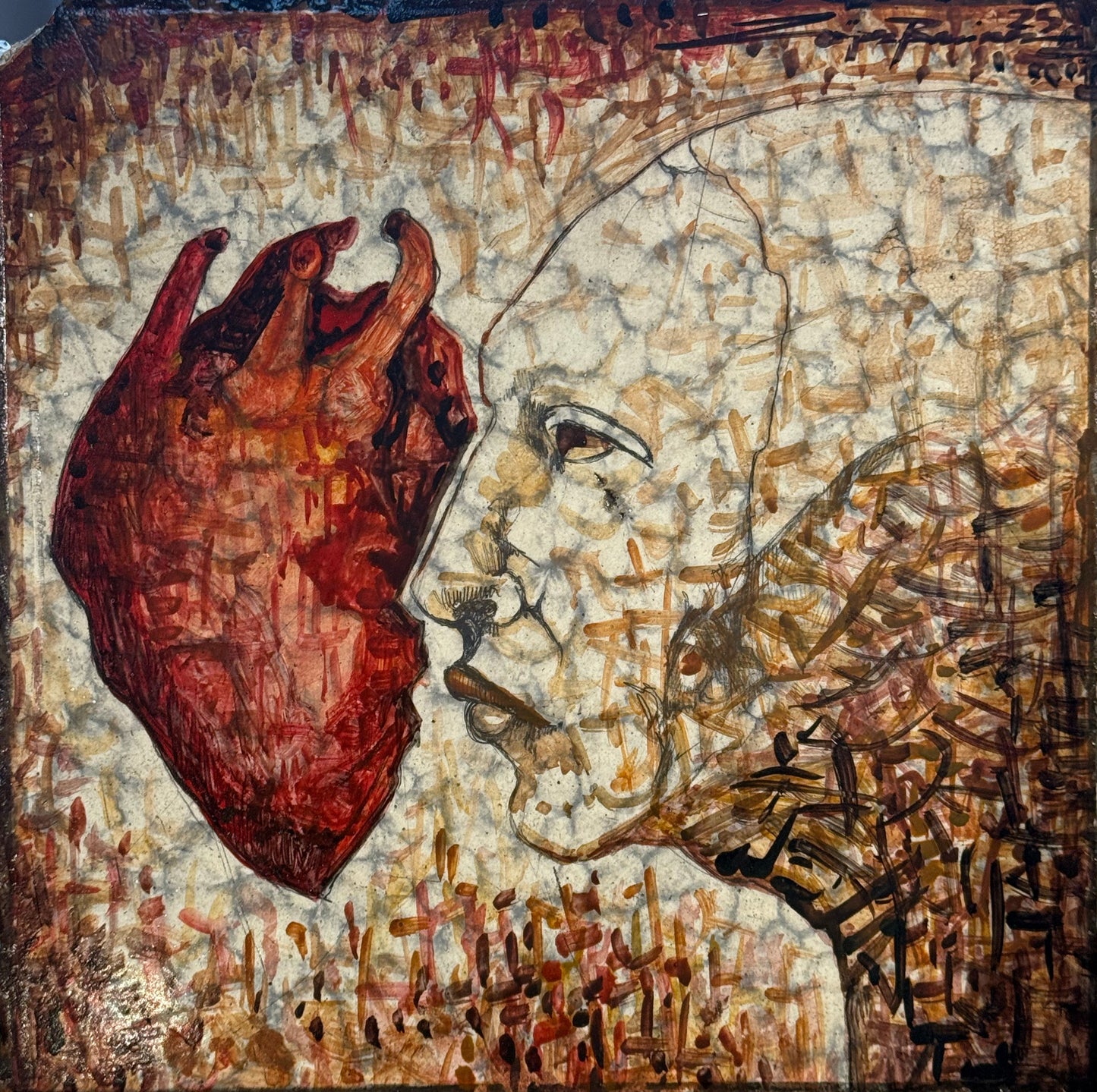 Roberto Lopez - Vestigios I / Mixta sobre mosaico vintage historico - 26 x 26 cm