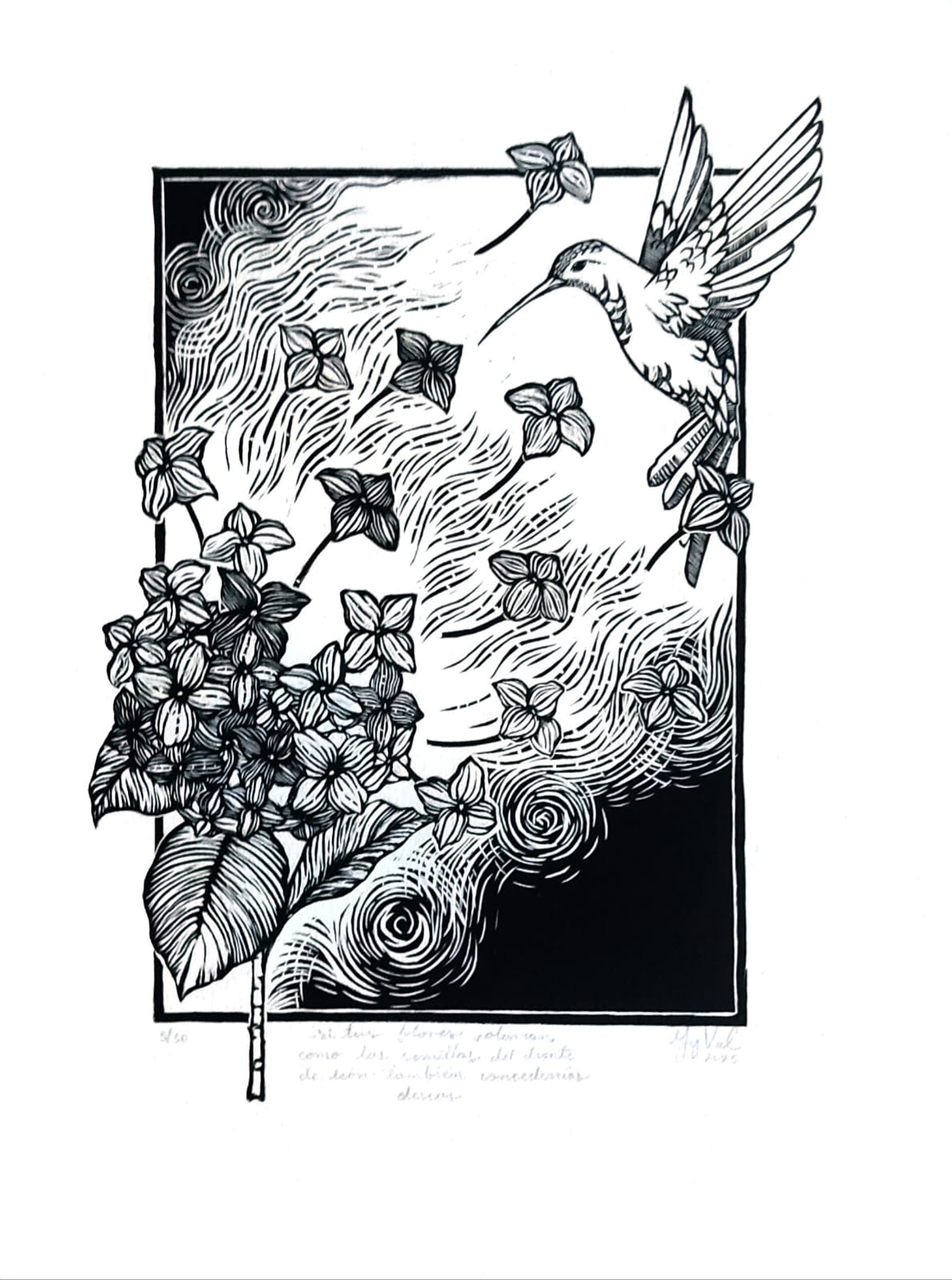 Lote AD6 / Myrna Valdéz - Si tus flores volaran como las semillas del diente de león también concederias deseos / Linóleo - 40 x 30 cm