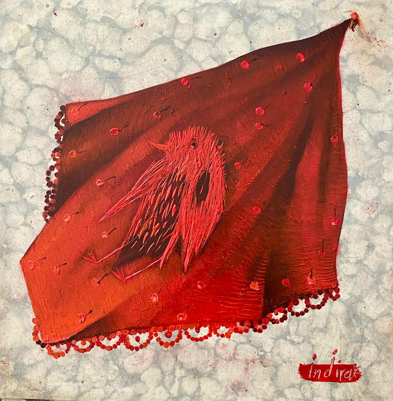 LOTE 049 / Indira Castellón - Estudio de servilletas de cocina (Rojo) / Óleo sobre mosaico vintage histórico - 26 x 26 cm