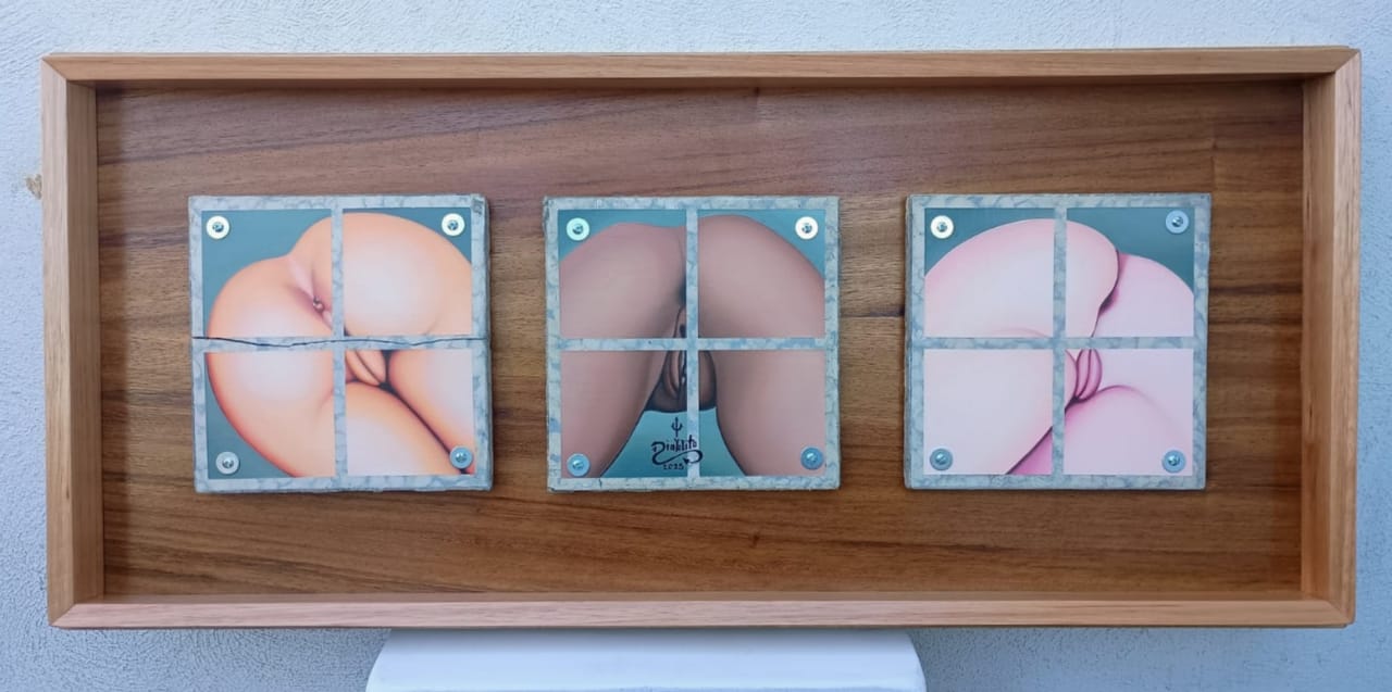 Diablito - Un desayuno perfecto (TRIPTICO) / Óleo sobre mosaico vintage historico - 26 x 26 cm