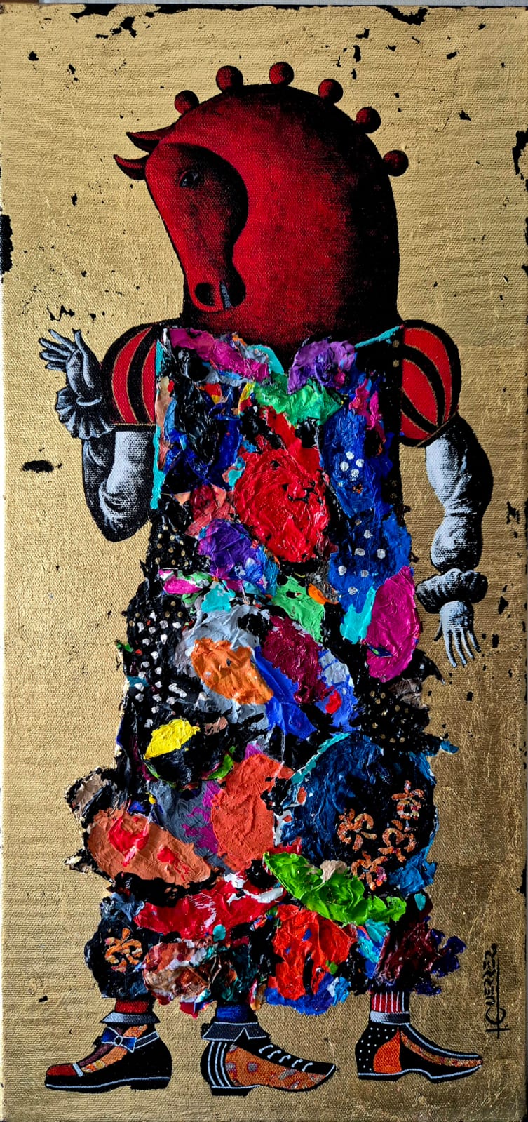 LOTE 013 / Ignacio Guerrero - El traje viejo del emperador / Hoja de oro y acrílico sobre tela - 50 x 25 cm