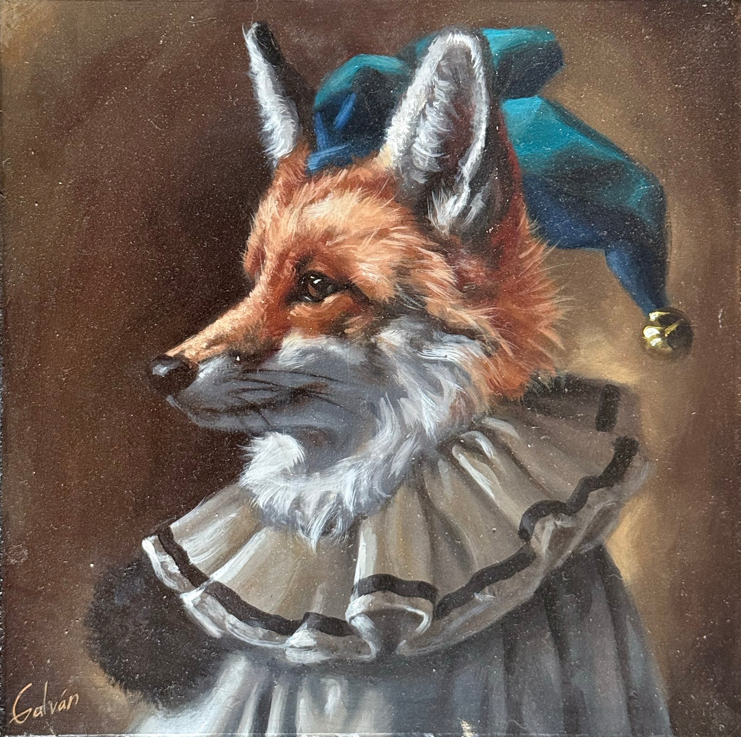 Jose Luis Lopez Galvan - Zorro con sombrero azul / Óleo sobre mosaico vintage historico - 26 x 26 cm