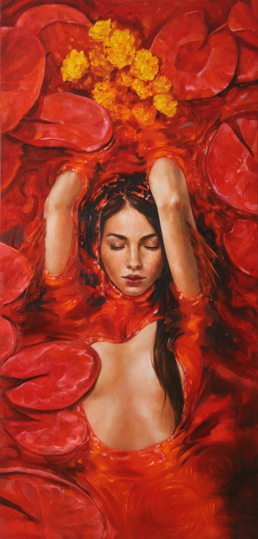 Lote 14: Luciano Peredo - Ofelia en rojo / Óleo sobre lino - 121 x 58 cm