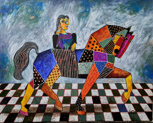 Lote 25: Ignacio Guerrero - Caballo cubista con jinete / Acrilico sobre tela  - 40 x 50 cm,