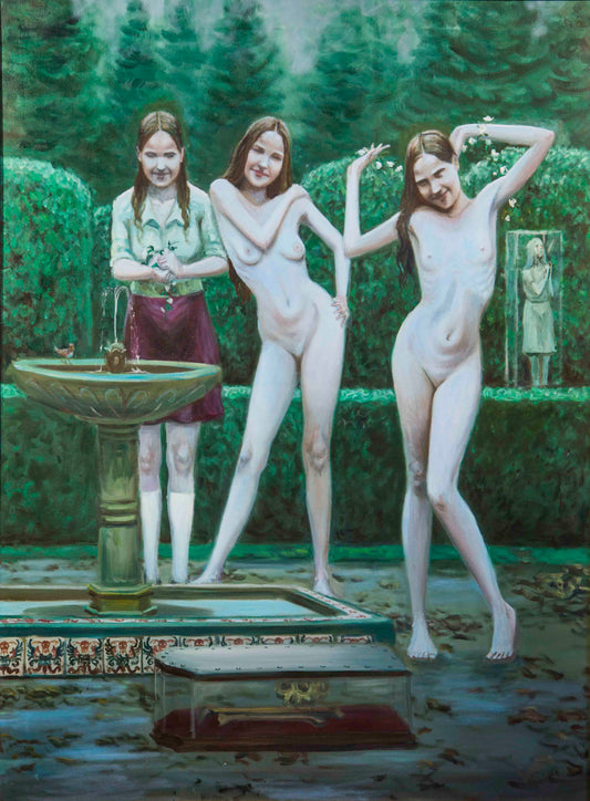 LOTE 019 / Hiran Lomeli - Muchachas con reliquia religiosa y una señal del fin del mundo / Óleo sobre tela - 35 x 28 cm