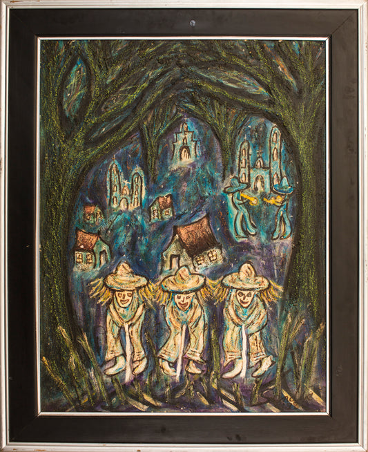 Lote 32 - Gustavo Sendis - Serenata en el pórtico / Mixta sobre masonite - 80 x 60 cm