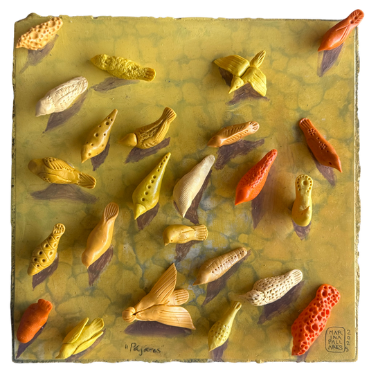 Marina Pallares - Pajaritos / Pasta Francesa y óleo sobre mosaico vintage historico - 26 x 26 cm