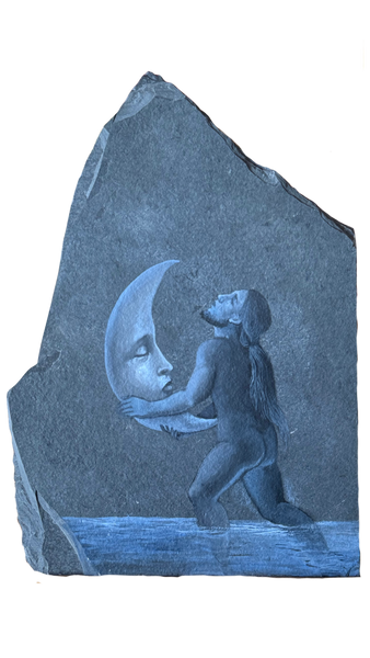 Lucia Maya – Marmol 3 Sosteniendo a la luna  / Óleo sobre marmol – 16 x 23 cm – 1/1