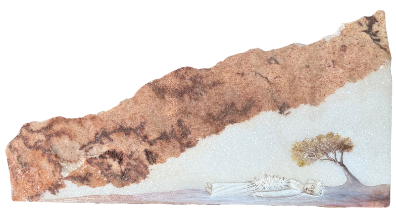 Lucia Maya – Marmol 6 Descansando bajo el arbol / Óleo sobre marmol – 32 x 16 cm – 1/1