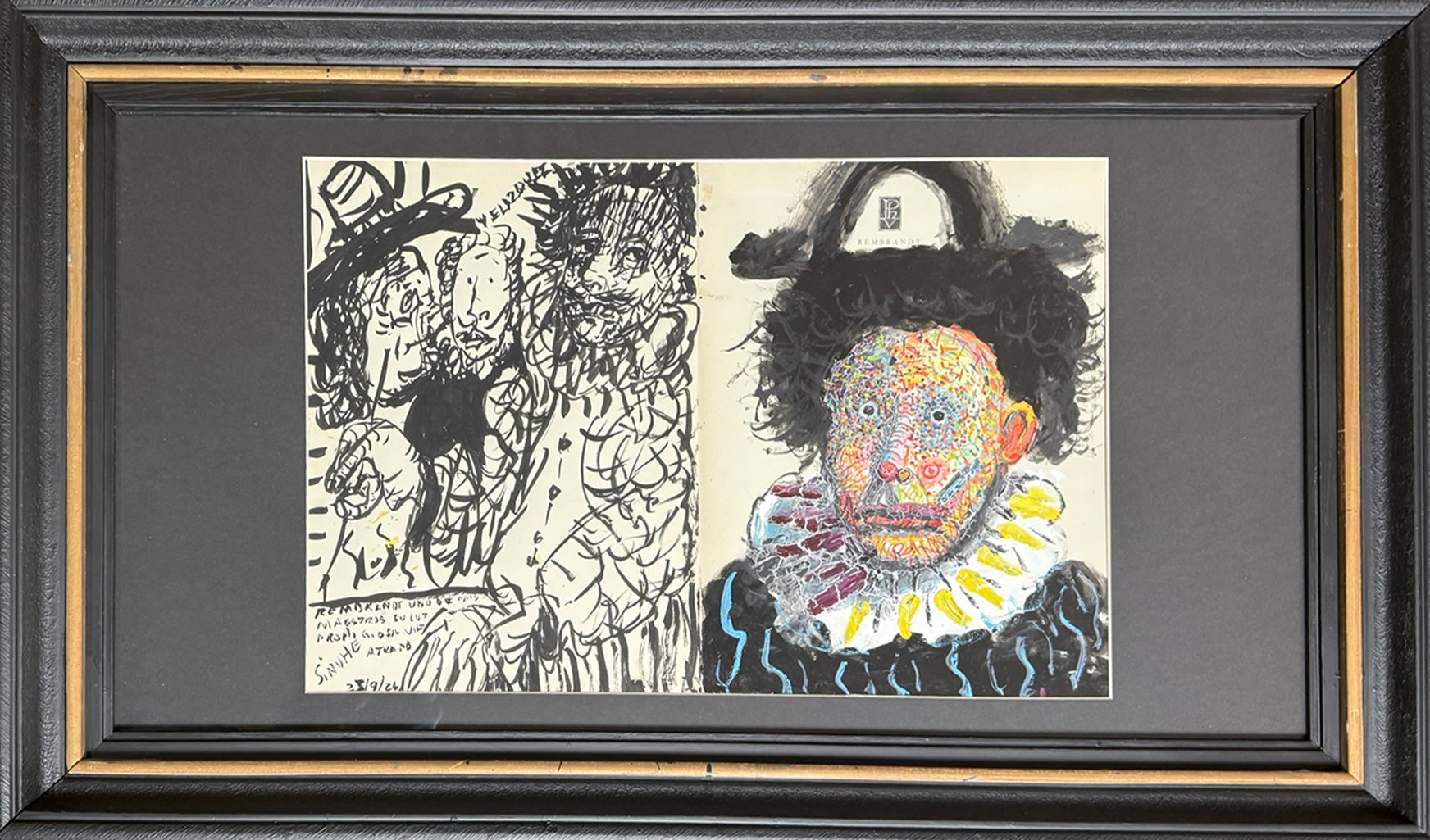Sinohe Villegas – Autorretrato con Rembrandt y saskia / Mixta sobre papel – 50 x 35 cm – 1/1