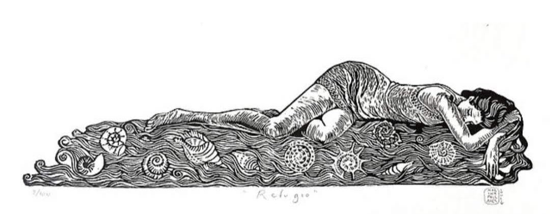 Marina Pallares - Refugio  / Linoleo  sobre papel   - 8.5  x 33.5 cm