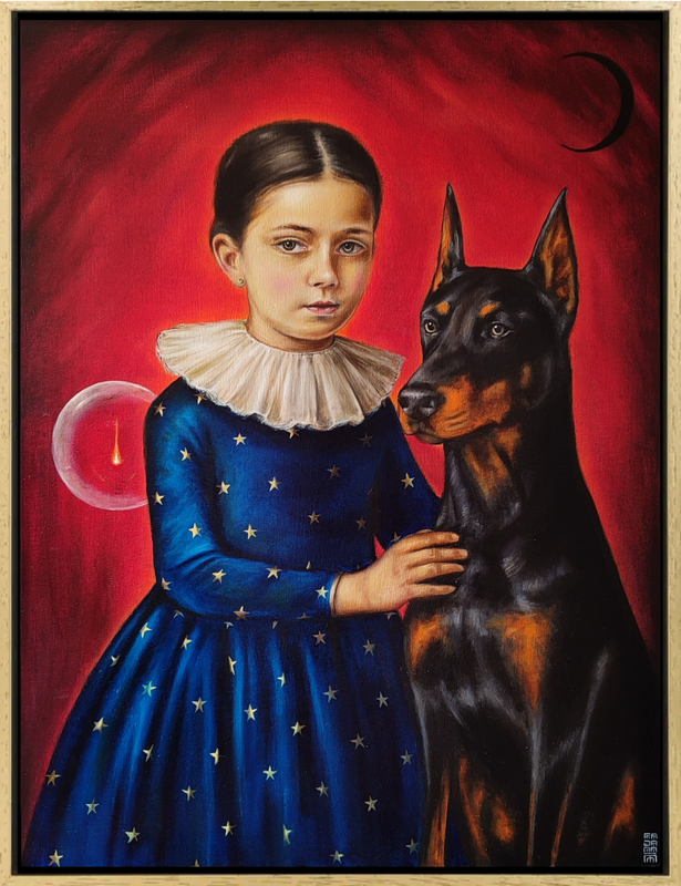 Antonio Fajama – Niña nahualli y doberman / Óleo sobre tela – 70 x 90 cm – 1/1