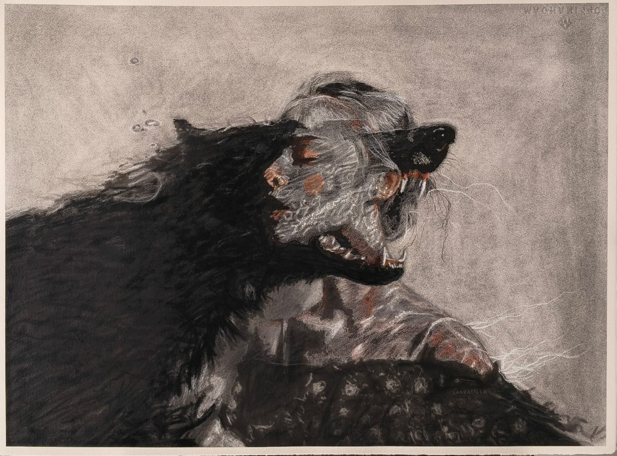 Carlos Larracilla - La bestia que somos / Acrilico, carboncillo, lapiz sobre papel  - 76 x 56 cm