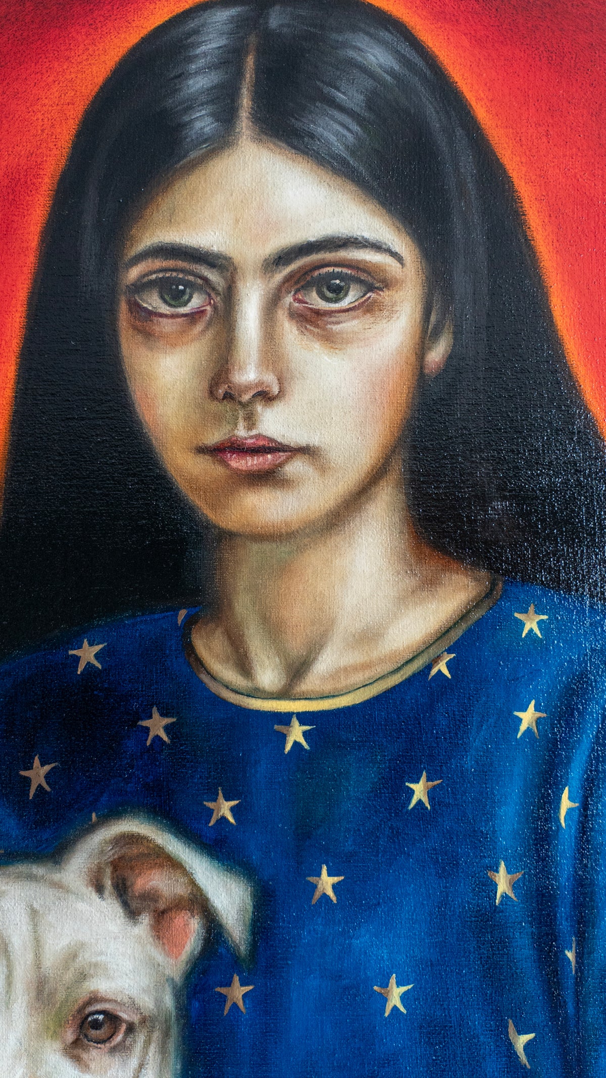 Antonio Fajama  - La joven y su nahual blanco / Óleo sobre tela  - 70 x 90 cm