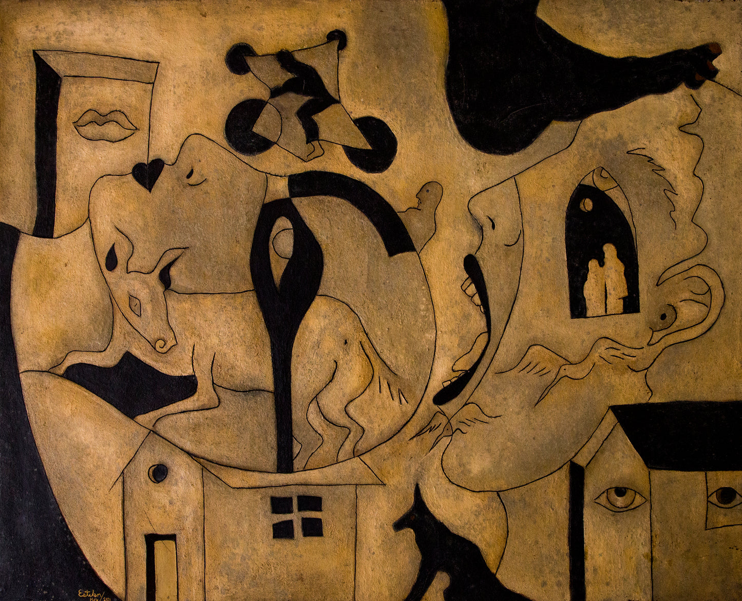 LOTE 009 / Esteban Arévalo - Los mirones son de palo / Óleo y arenas sobre tela - 120 x 150 cm