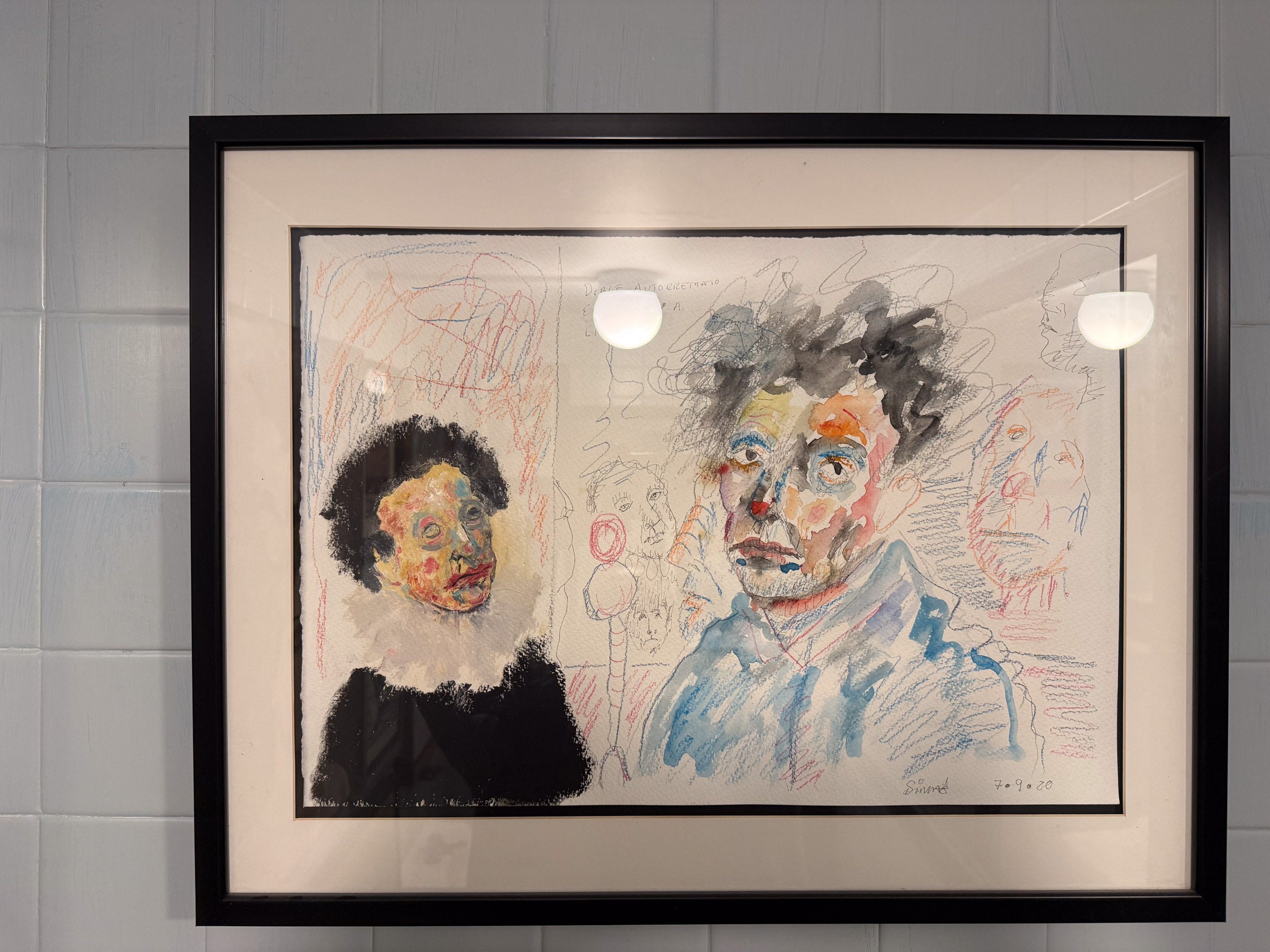 Sinhue Villegas – Doble autorretrato escichando a Ligeti / Óleo sobre papel – 50 x 36 cm – 1/1