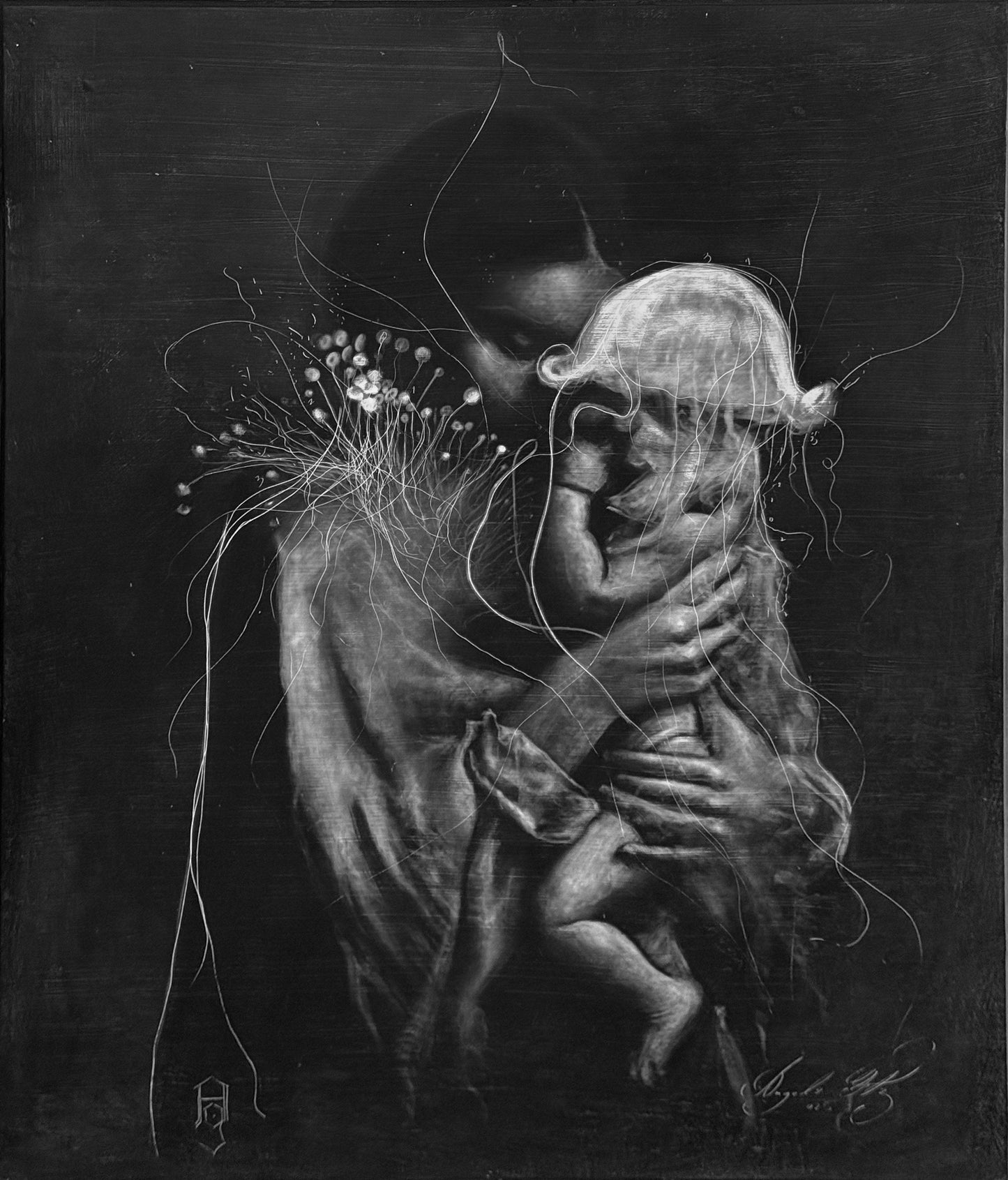 01 / Angelo Gutiérrez - Nacimiento segundo / Carboncillo sobre madera - 100 x 80 cm