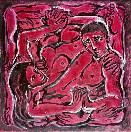 LOTE 030 / Juan de la Cruz  - Entrelazados / Óleo sobre mosaico vintage histórico - 26 x 26 cm