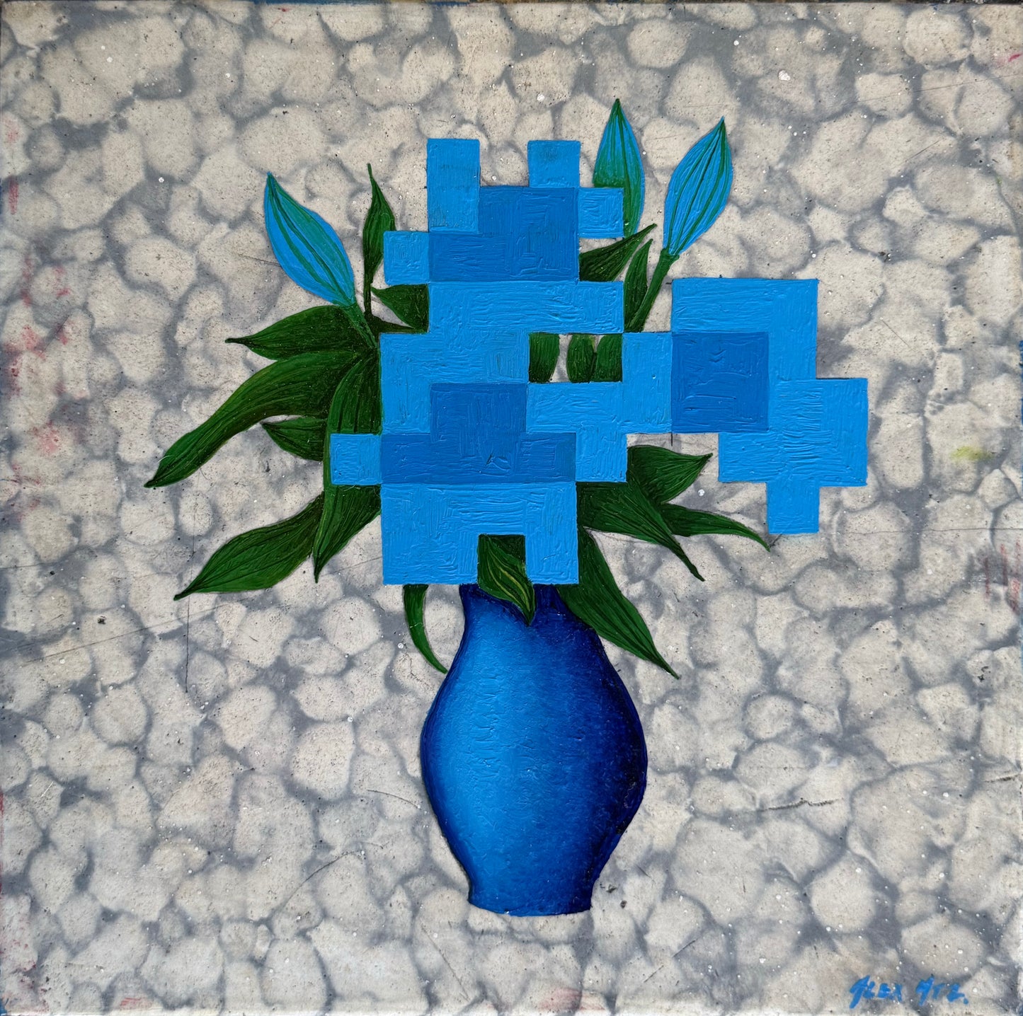 LOTE 051 / Alejandro Martinez - Flores de jardín II / Óleo sobre mosaico vintage histórico - 26 x 26 cm