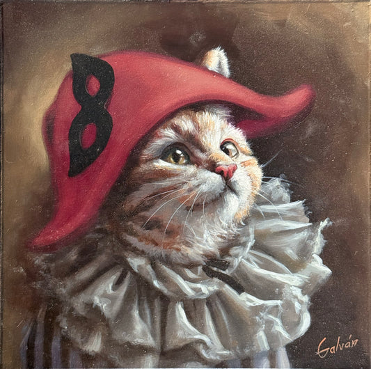 LOTE 050 / Jose Luis Lopez Galvan - Gato con sombrero rojo / Óleo sobre mosaico vintage histórico - 26 x 26 cm