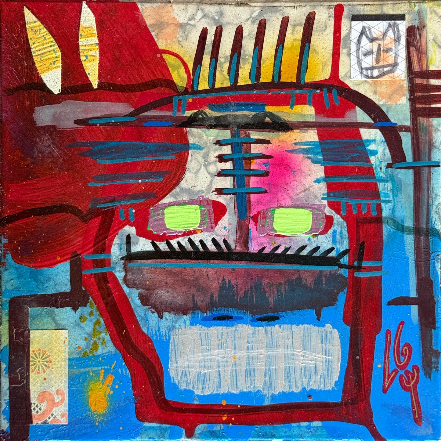 LOTE 110 / Luis Guillermo González - Máscara con penacho / Pintura base agua y vinilo, sello acrílico  - 26 x 26 cm