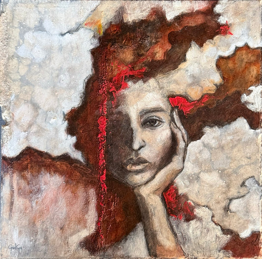 Jessica Gadga - Pensamiento en rojo / Óleo sobre mosaico vintage historico - 26 x 26 cm