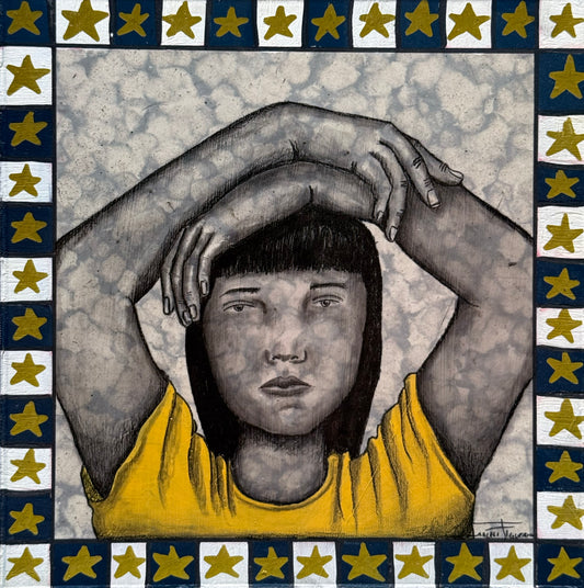 LOTE 100 / Araceli Figueroa - Ensoñación / Acrílico, carboncillo y lápiz graso sobre mosaico vintage histórico - 26 x 26 cm