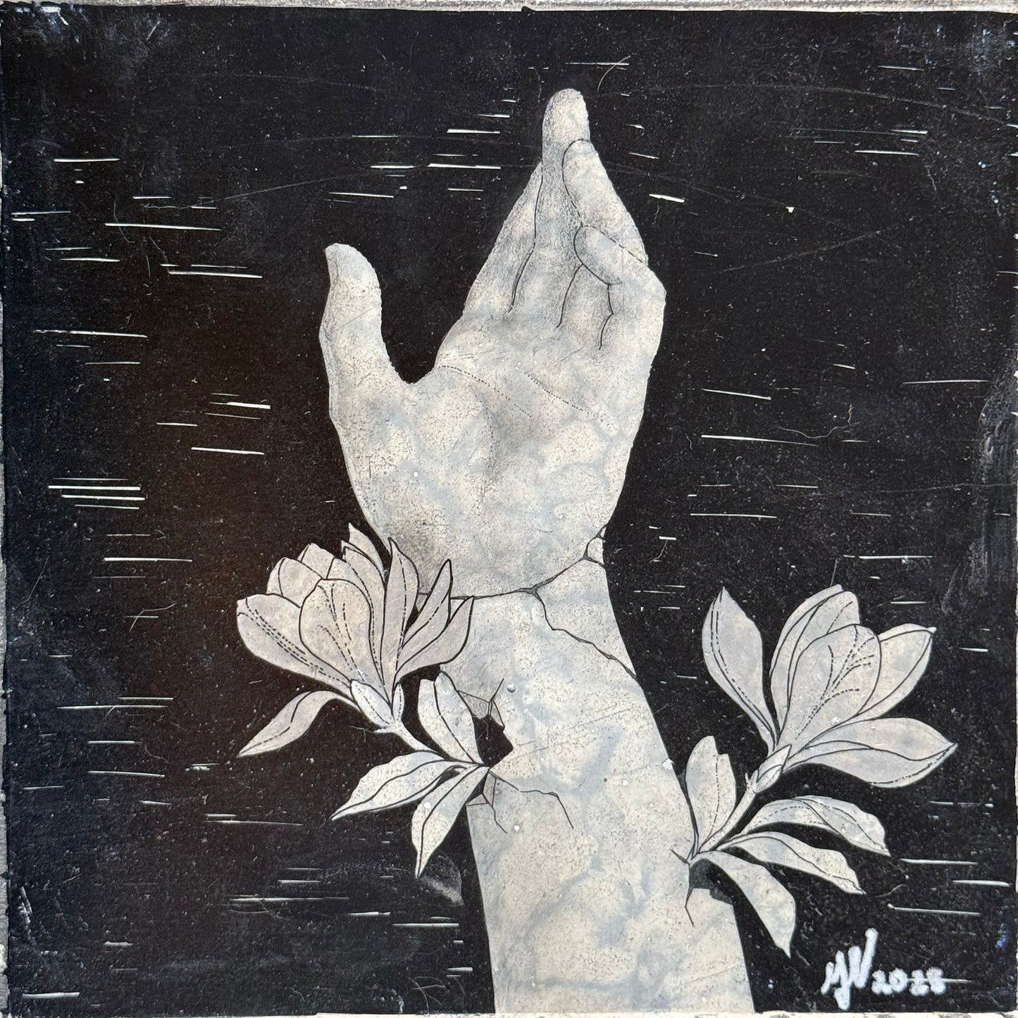 LOTE 098 / Myrna Valdez - A flor de piel / Mixta sobre mosaico vintage histórico - 26 x 26 cm