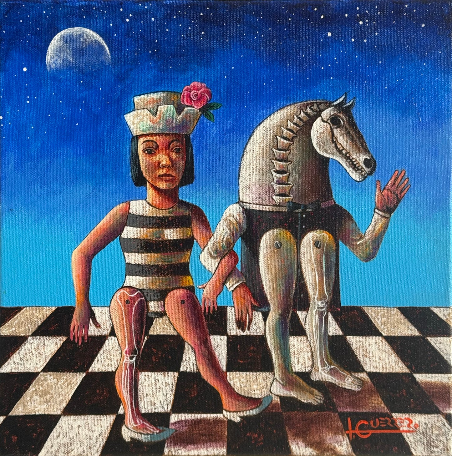 Lote 05 - Ignacio Guerrero - Mujer mutante con novio ídem / Acrilico sobre tela - 30 x 30 cm