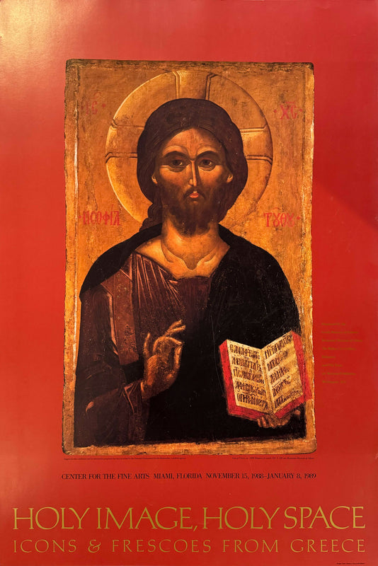 Anónimo · Arte Bizantino (ca. 1400) (obra reproducida) – Icon of Christ / Impresión offset a color sobre papel – 61 x 91 cm – Gráfica vintage museográfica · 1988–1989, Center for the Fine Arts Miami · Holy Image, Holy Space