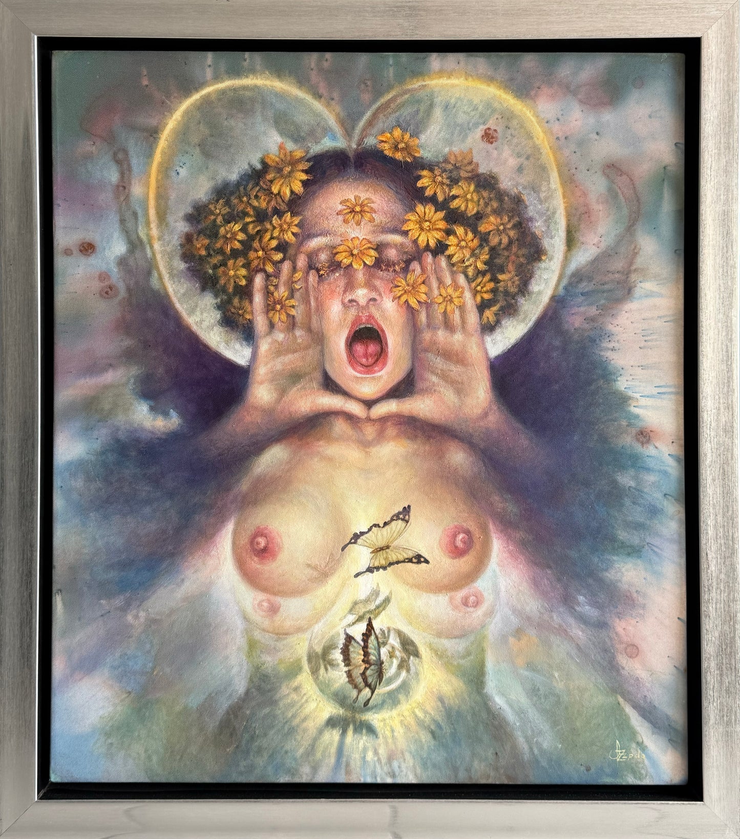 Pieza 80 - Israel Zzepda - "Alineación de flores doradas" / óleo y acrilico sobre tela - 79 x 64 cm