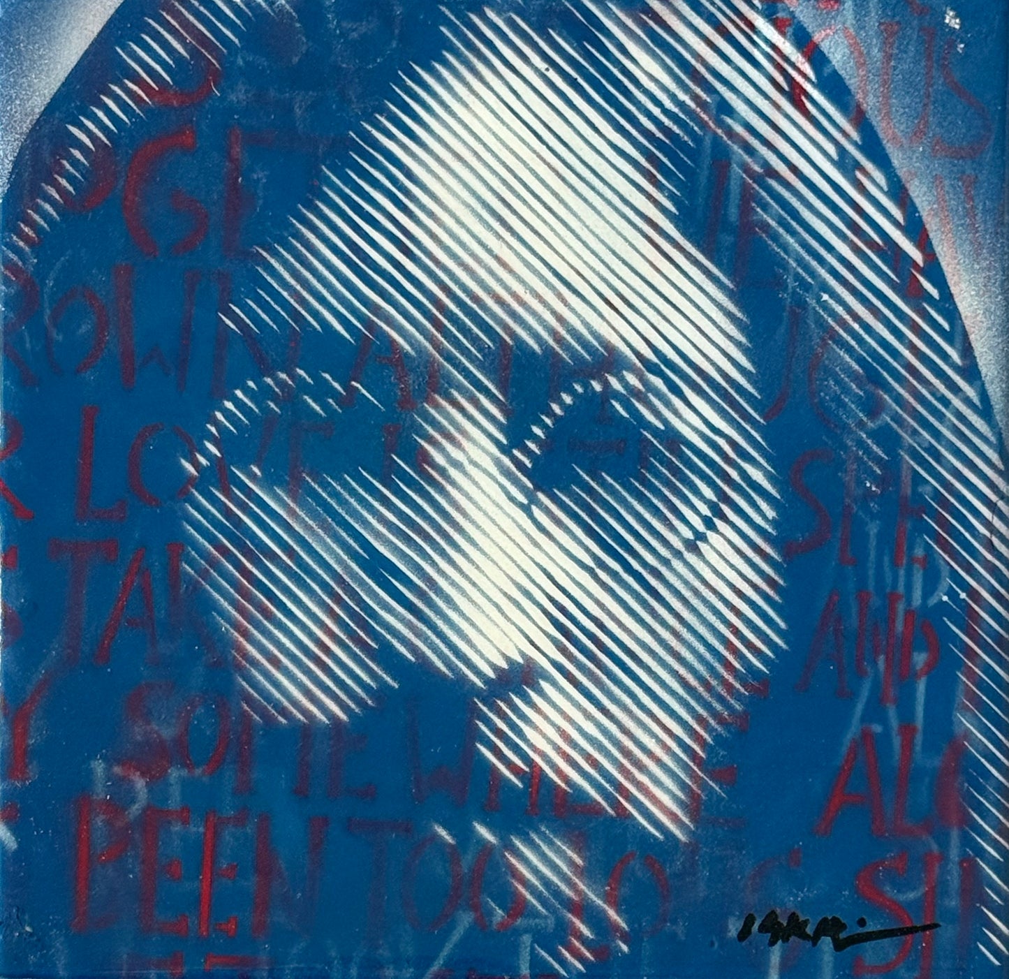 Iskar - 0.951388888888889 / Stencil, pintura en aersol y resina sobre mosaico vintage historico - 26 X 26 cm