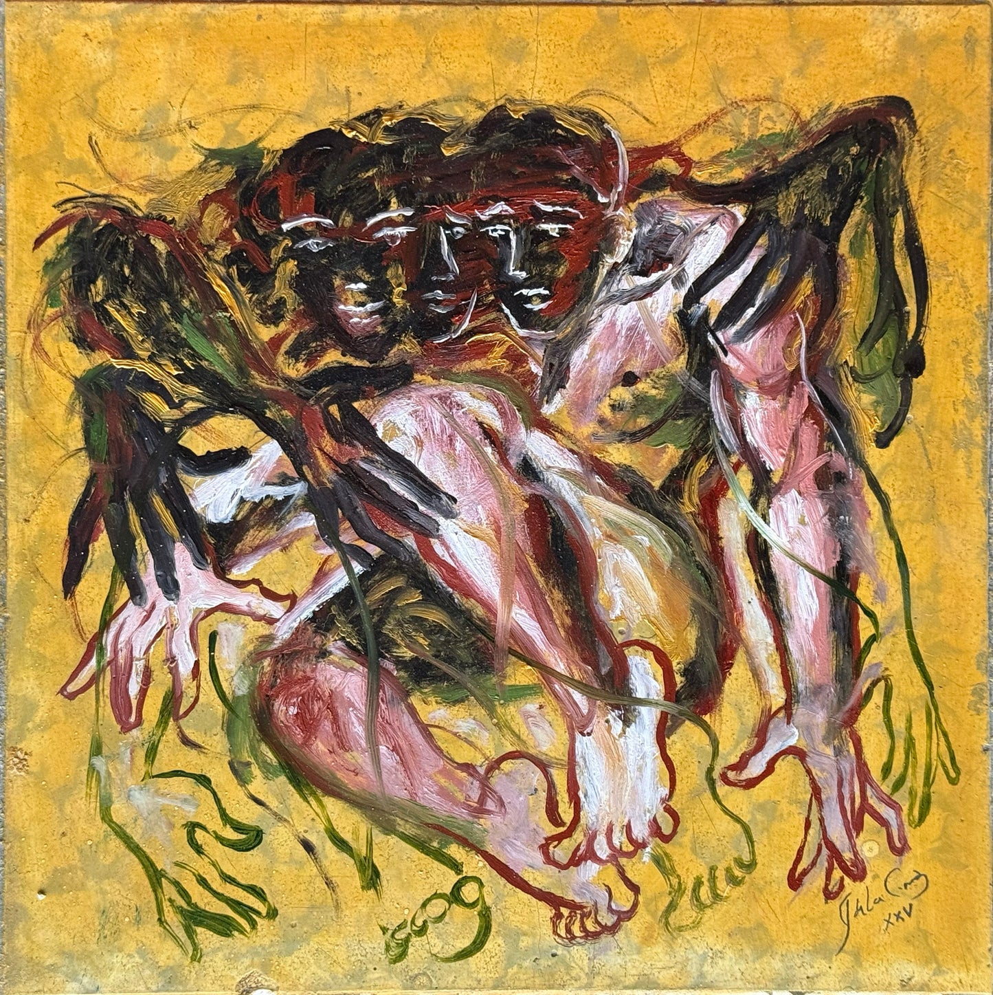 LOTE 011 / Juan de la Cruz  - La seducción de Dolos / Óleo sobre mosaico vintage histórico - 26 x 26 cm