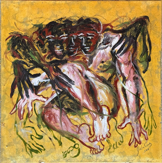 LOTE 011 / Juan de la Cruz  - La seducción de Dolos / Óleo sobre mosaico vintage histórico - 26 x 26 cm