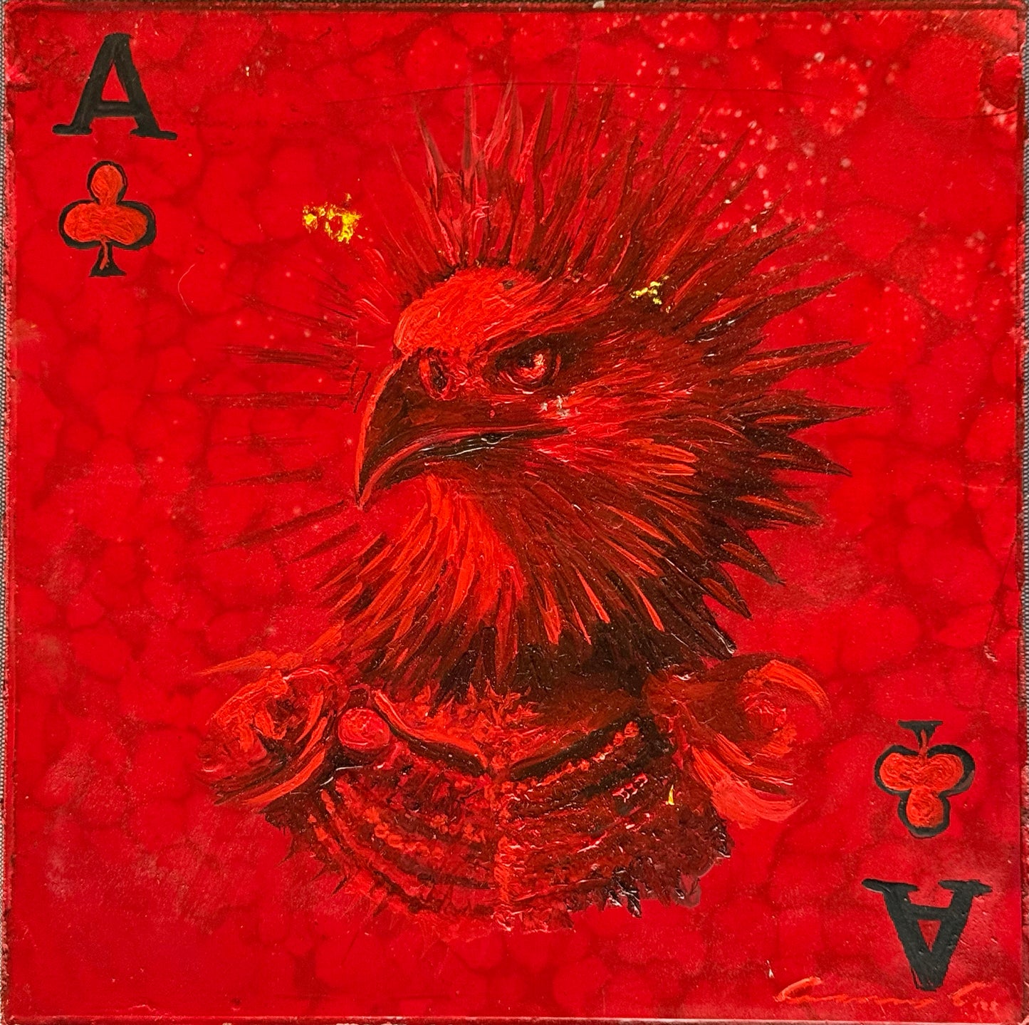 Aram Cortes – Tercia de aves (Fuego) / Óleo sobre mosaico vintage histórico – 26 x 26 cm – 1/1