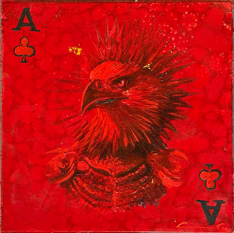 Aram Cortes – Tercia de aves (Fuego) / Óleo sobre mosaico vintage histórico – 26 x 26 cm – 1/1